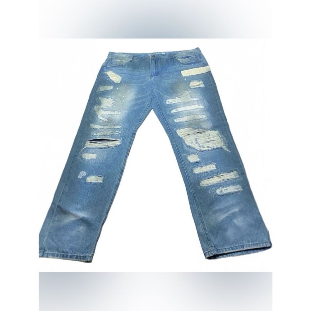 Born Fly Men’s Sz 42 x 34 Med Blue Distressed Splatter Eagle Patch Denim Jeans